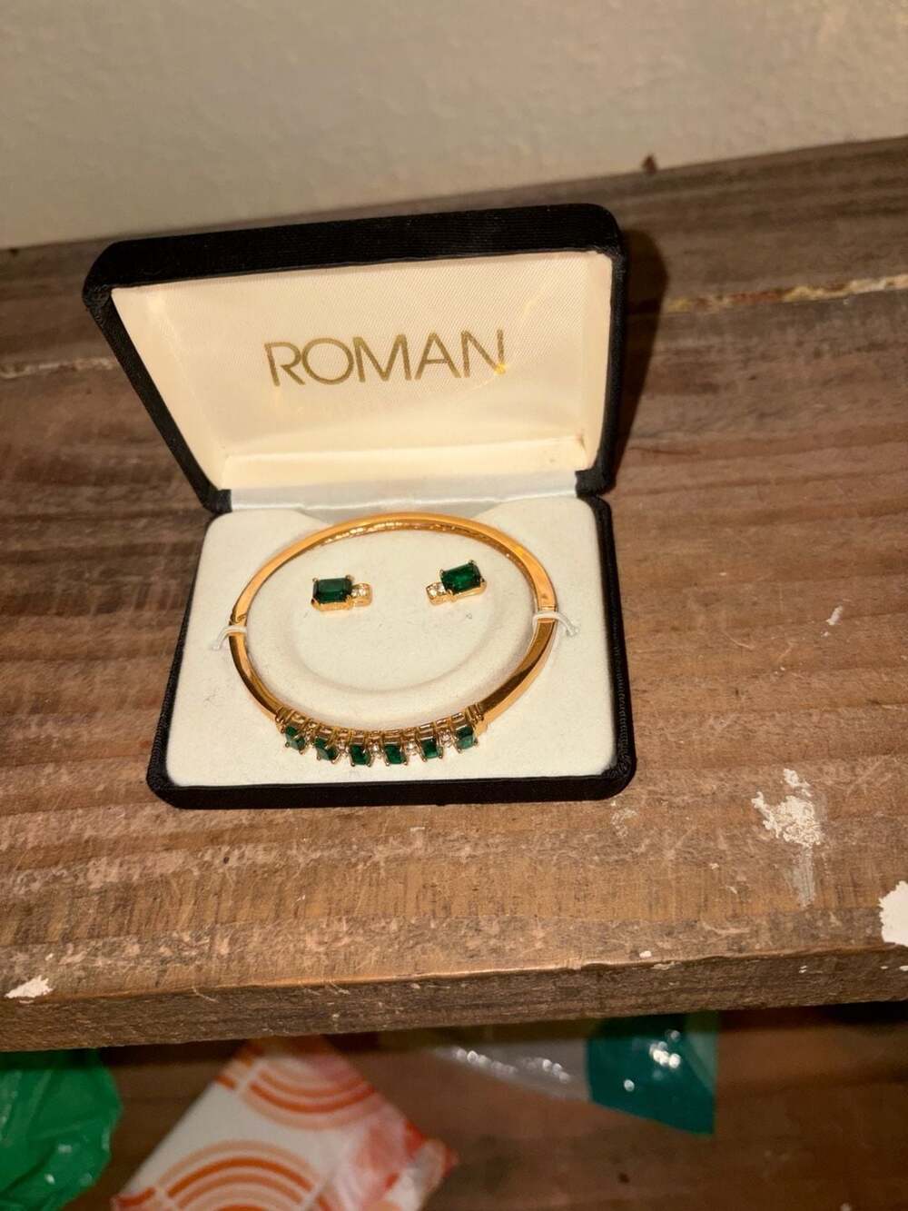 Roman Gold-Tone Emerald Cut Green Stone Bangle Bracelet And Earrings Set